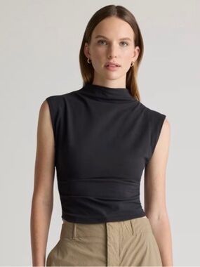 Quince Black Stretch Jersey Cotton Ruched Mock Neck Sleeveless Tank Top XS